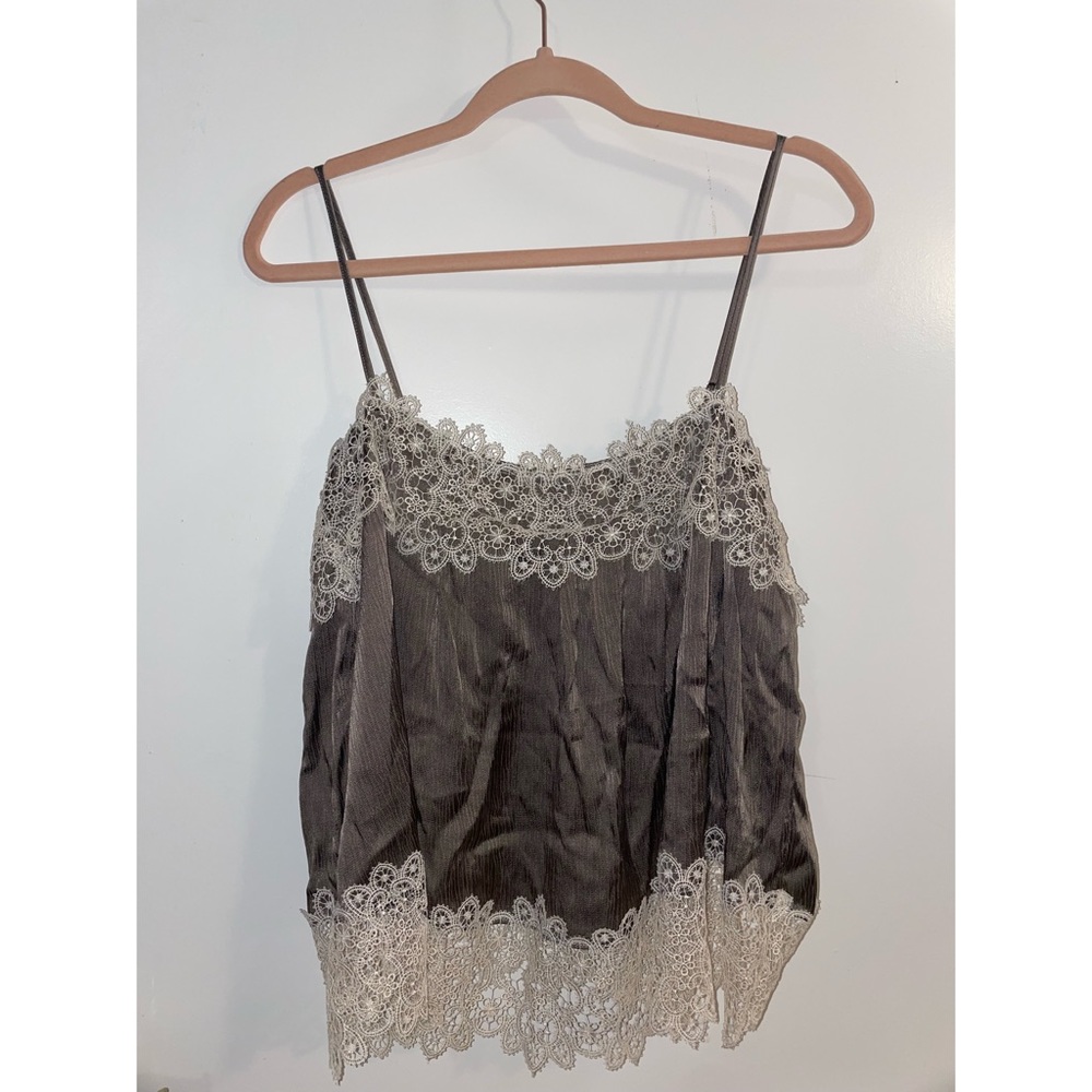 Zara, small, embroidered white + army green sleeveless blouse.